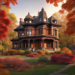 Generate an image of a Victorian era mansion nestled in a beautiful and bountiful forest, in the midst of fall, with lush orange and red leaves on the trees