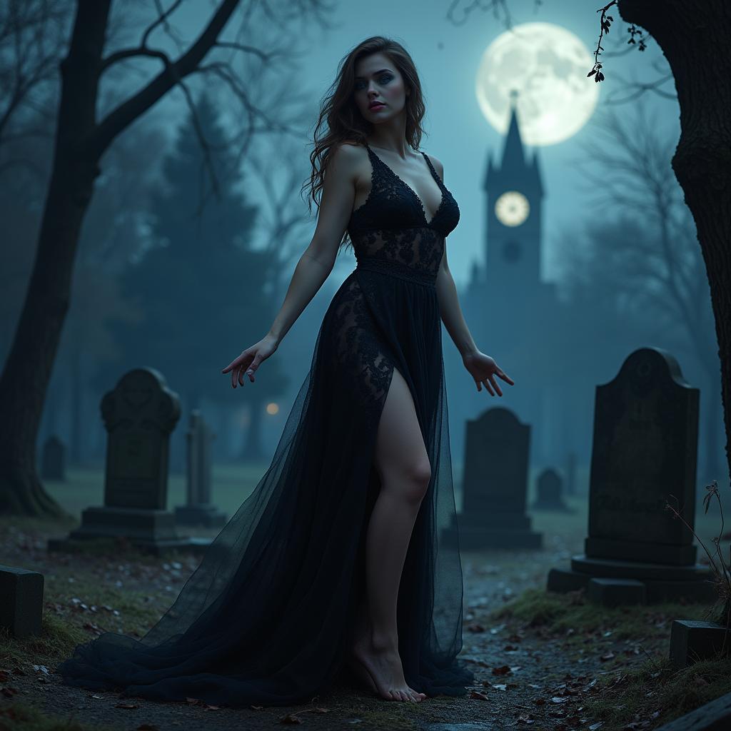 A beautiful, stunning, sexy, innocent, curvy 18-year-old girl with medium breasts, very wide, bulging hips, and thick round thighs stands welcomingly in an old haunted wooded cemetery