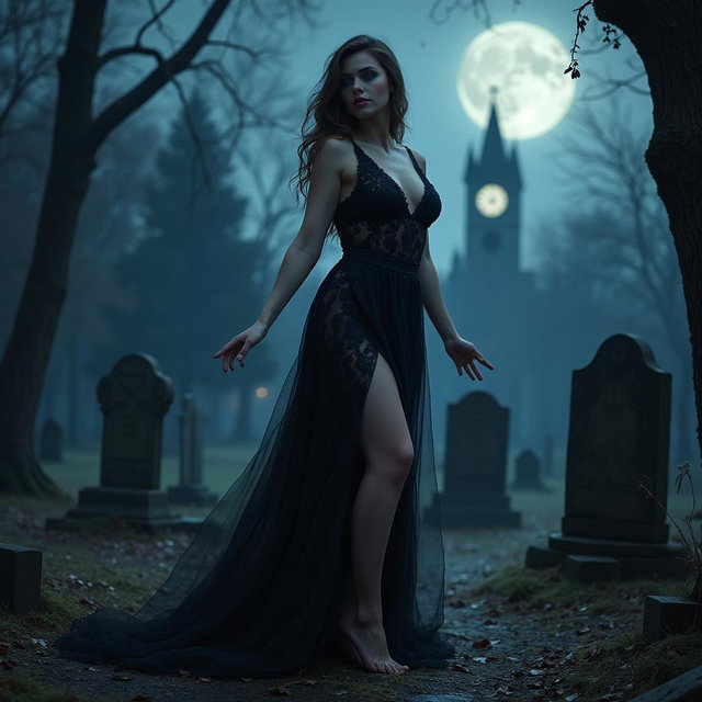 A beautiful, stunning, sexy, innocent, curvy 18-year-old girl with medium breasts, very wide, bulging hips, and thick round thighs stands welcomingly in an old haunted wooded cemetery