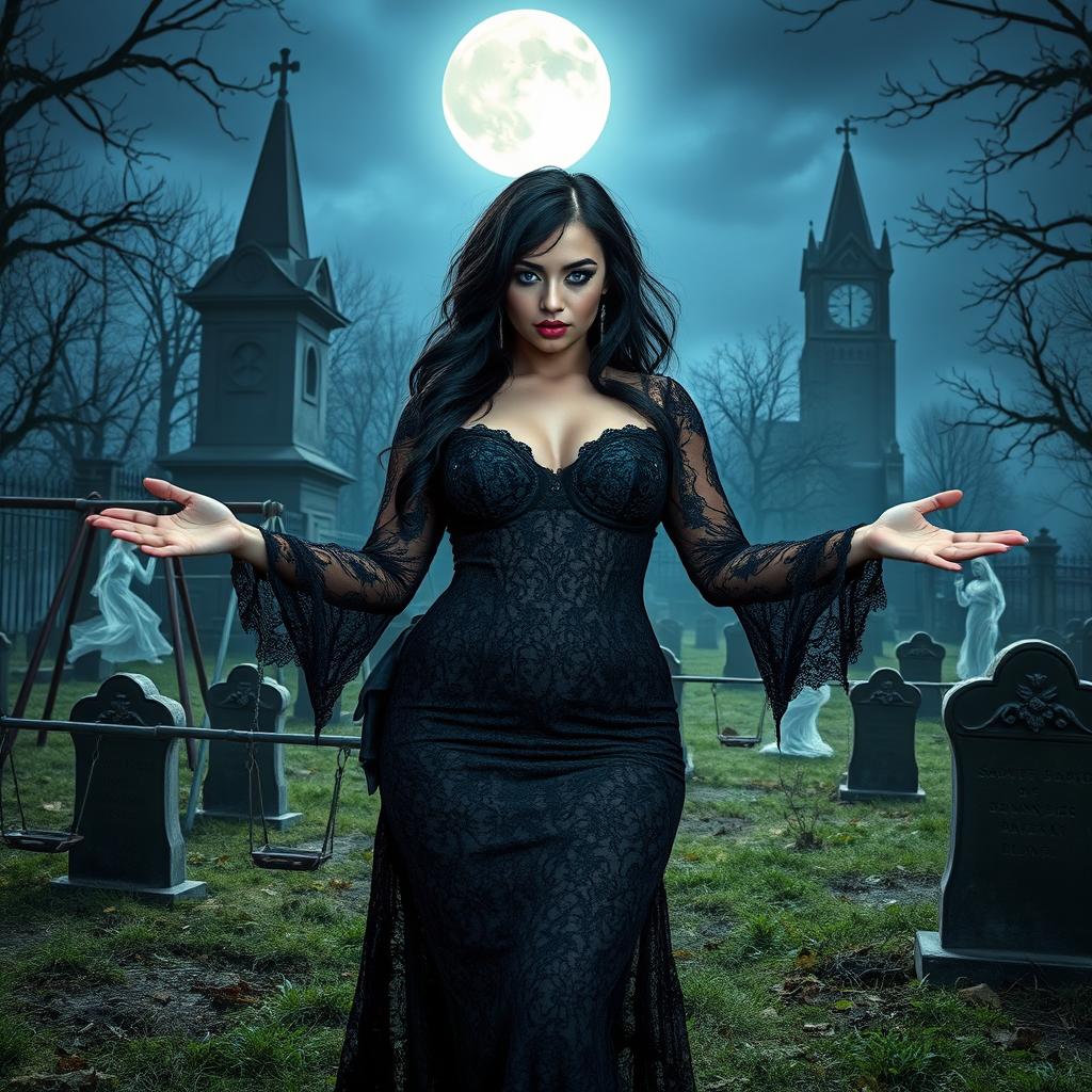 A beautiful, stunning, sexy, innocent, curvy 18-year-old girl with medium breasts, very wide, bulging hips, and thick round thighs stands in an old haunted cemetery, welcoming you with her arms outstretched and a sardonic half-smile on her face
