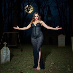 A beautiful, stunning, sexy, innocent, curvy 18-year-old girl with medium breasts, very wide, bulging hips, and thick round thighs stands in an old haunted wooded cemetery