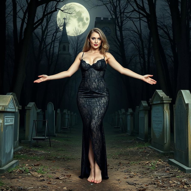 A beautiful, stunning, sexy, innocent, curvy 18-year-old girl with medium breasts, very wide, bulging hips, and thick round thighs stands in an old haunted wooded cemetery