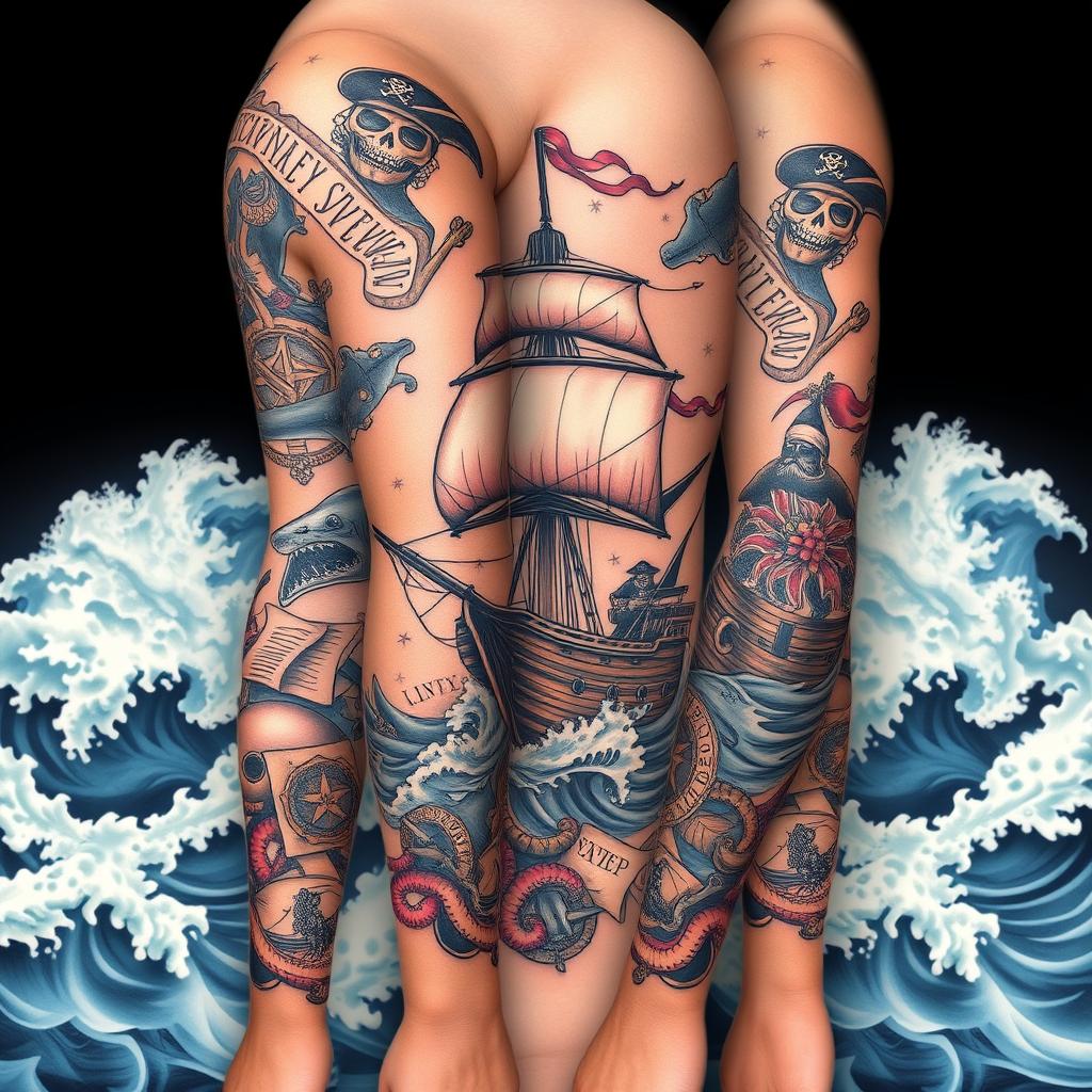 A stunning pirate-themed tattoo sleeve featuring detailed illustrations of a fearsome pirate ship sailing on turbulent waters, complete with billowing sails and an ominous skull flag
