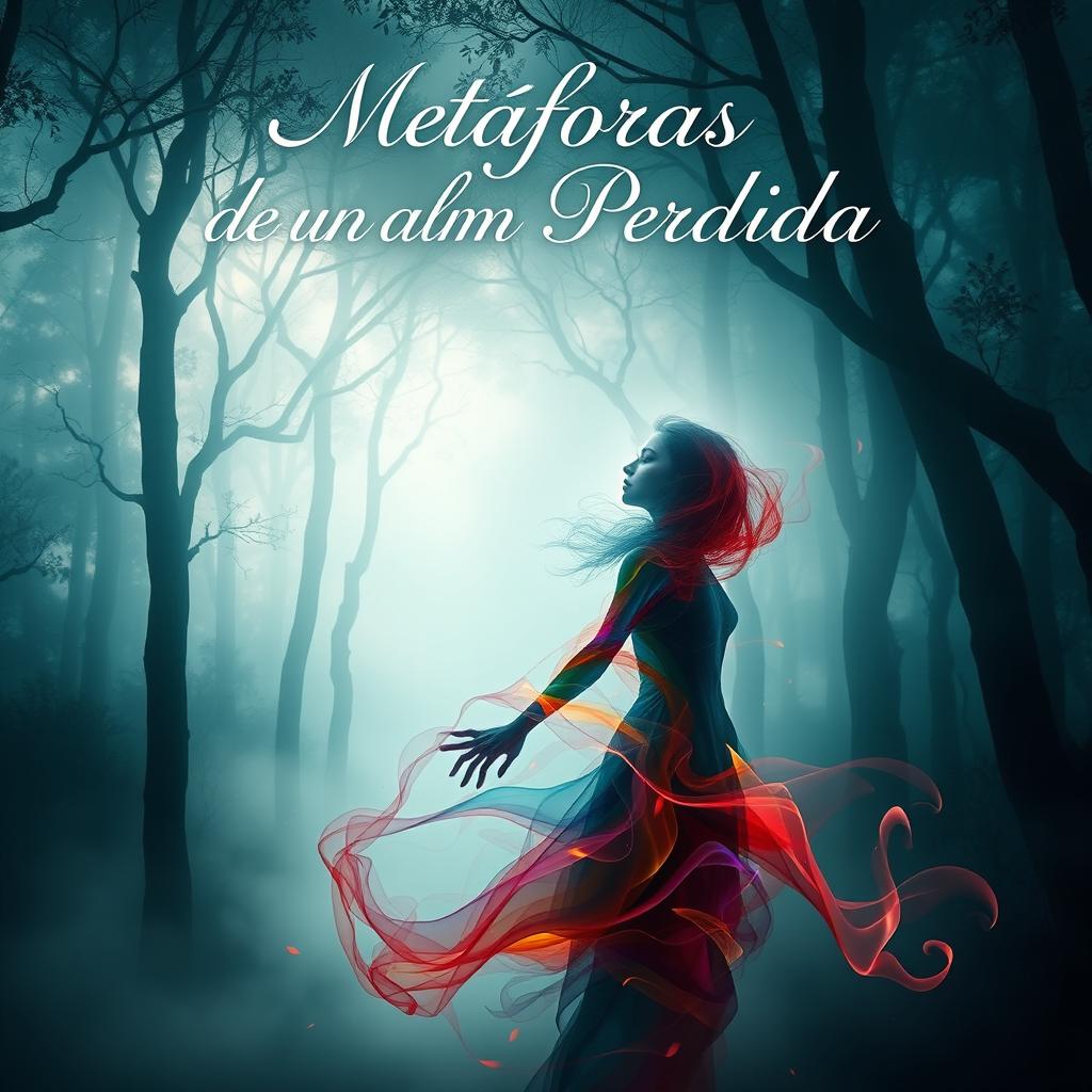 A captivating book cover titled 'Metáforas de un Alma Perdida', featuring an ethereal image of a misty forest with hauntingly beautiful soft light filtering through the trees