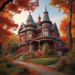 Generate an image of a Victorian era mansion nestled in a beautiful and bountiful forest, in the midst of fall, with lush orange and red leaves on the trees