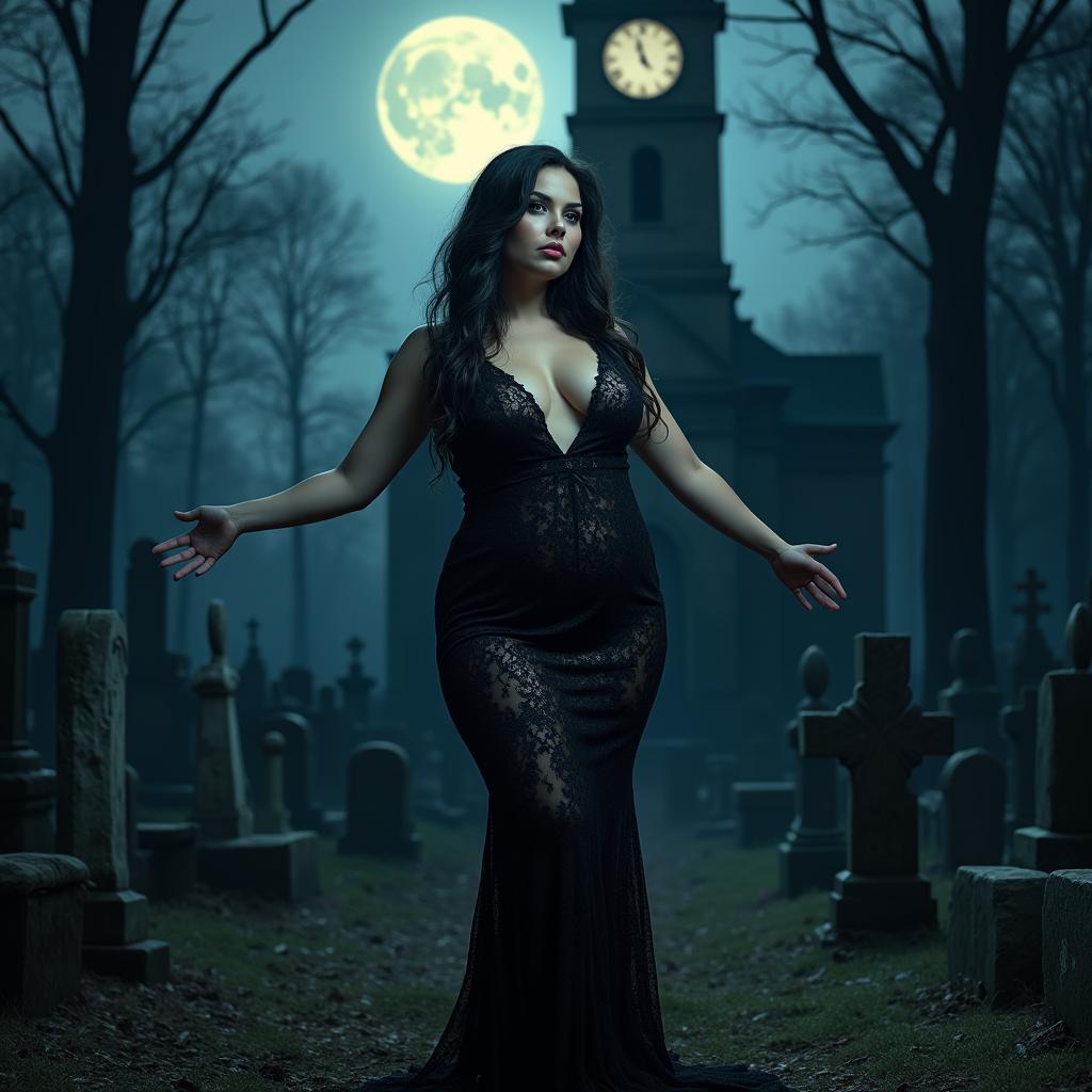 A beautiful, stunning, sexy, innocent, curvy 18-year-old girl with medium breasts, very wide, bulging hips, and thick round thighs stands invitingly in an old haunted wooded cemetery, arms out to her sides, wearing a sardonic half-smile