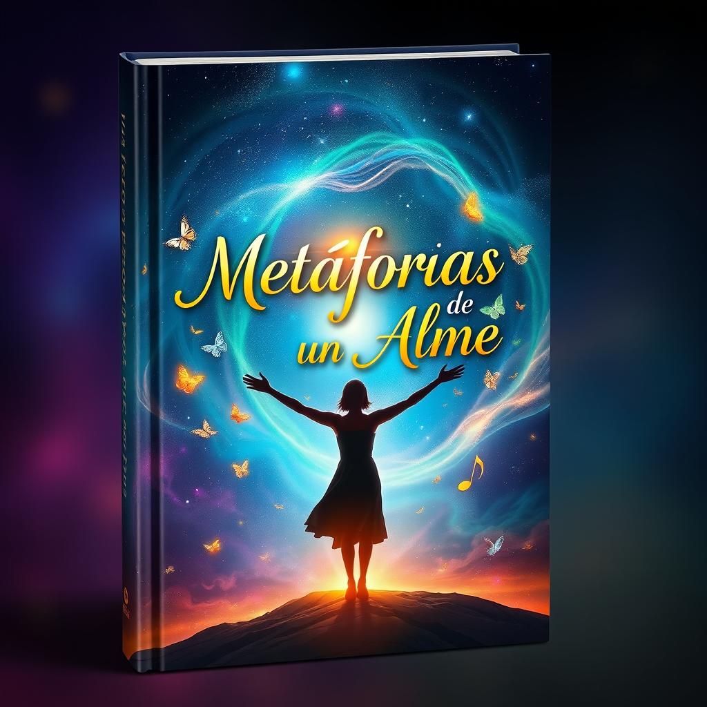 A captivating book cover design titled 'Metáforas de un Alma', featuring a mystical, ethereal landscape that represents the essence of a soul