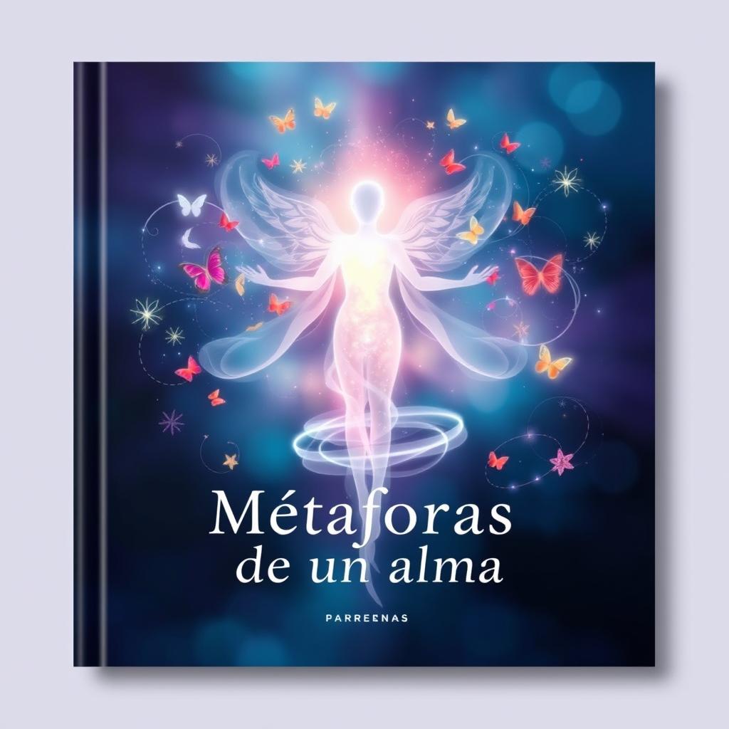 A book cover design for 'Metáforas de un alma' featuring an ethereal representation of a soul, symbolized by a glowing, translucent figure surrounded by swirling colorful metaphors like butterflies, flowers, and stars