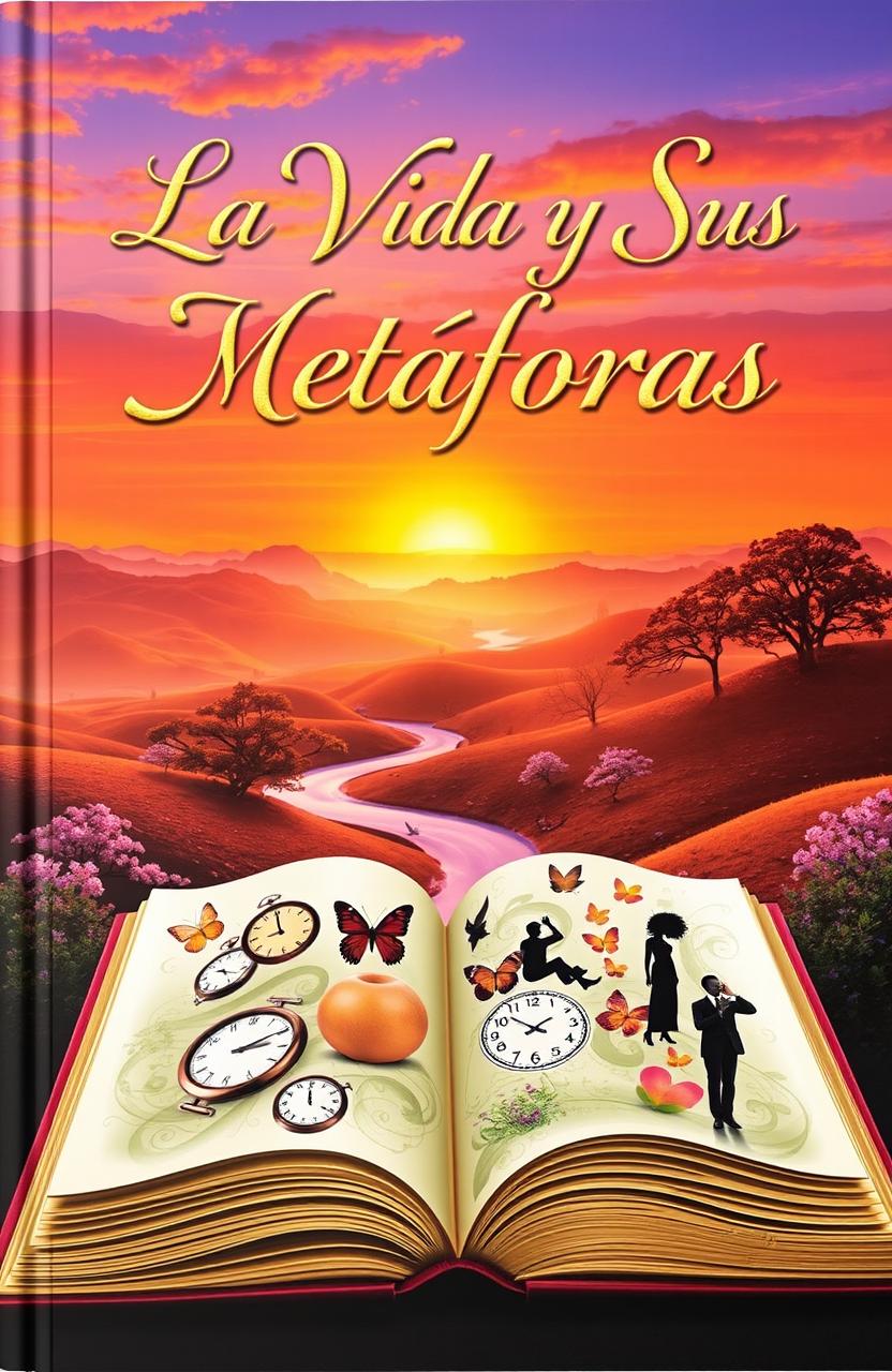 An artistic book cover titled 'La Vida y Sus Metáforas', featuring a surreal landscape that symbolizes life and its complexities