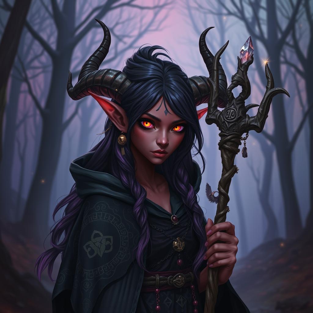 A mysterious tiefling bruja with deep crimson skin, sharp horns curling back from her forehead, and vibrant, glowing eyes