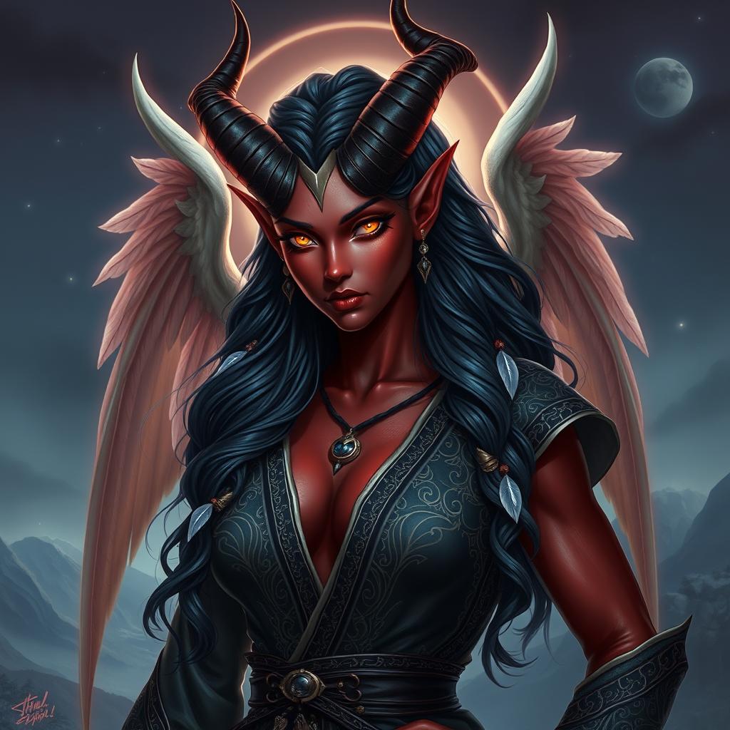 A striking tiefling bruja, standing at 1