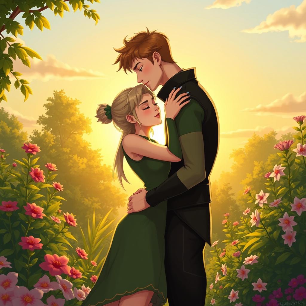 A romantic and playful scene depicting Ben Tennyson tenderly kissing Gwen Tennyson in a beautiful outdoor setting