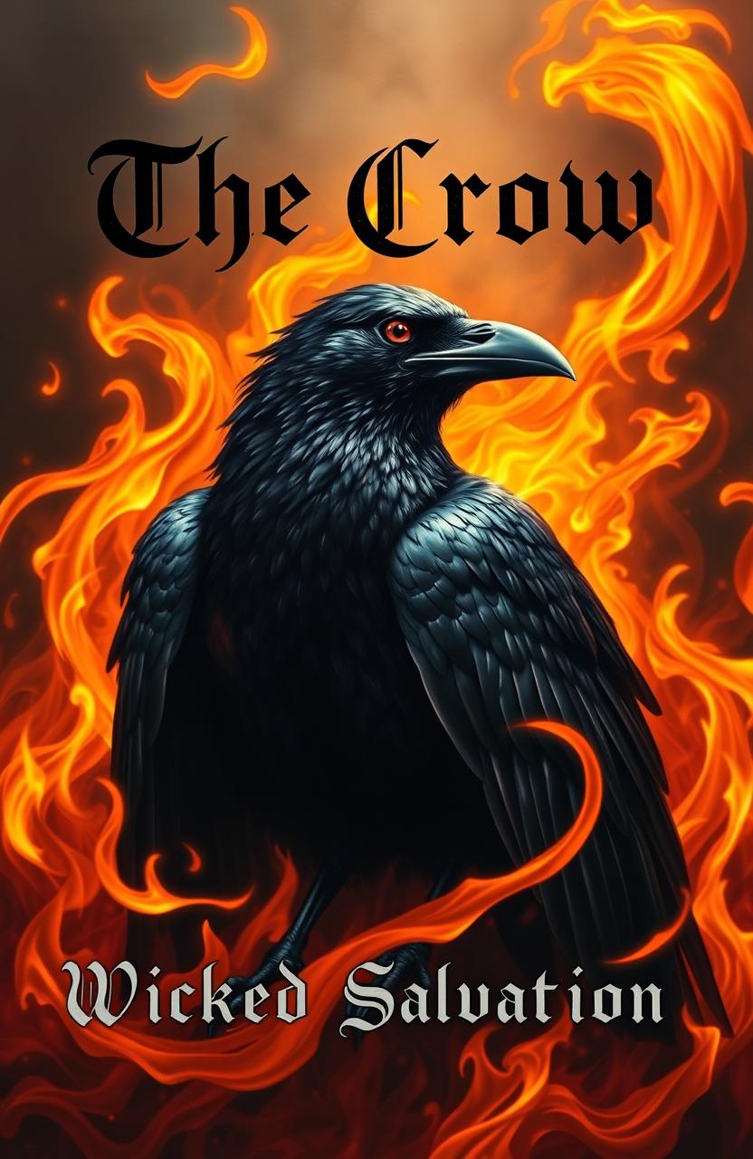 A striking black crow surrounded by swirling flames, dramatically illuminated by the fire's glow