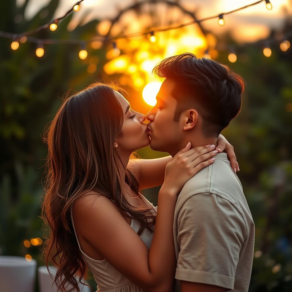 A romantic scene featuring two people engaged in a passionate kiss, their lips just touching softly