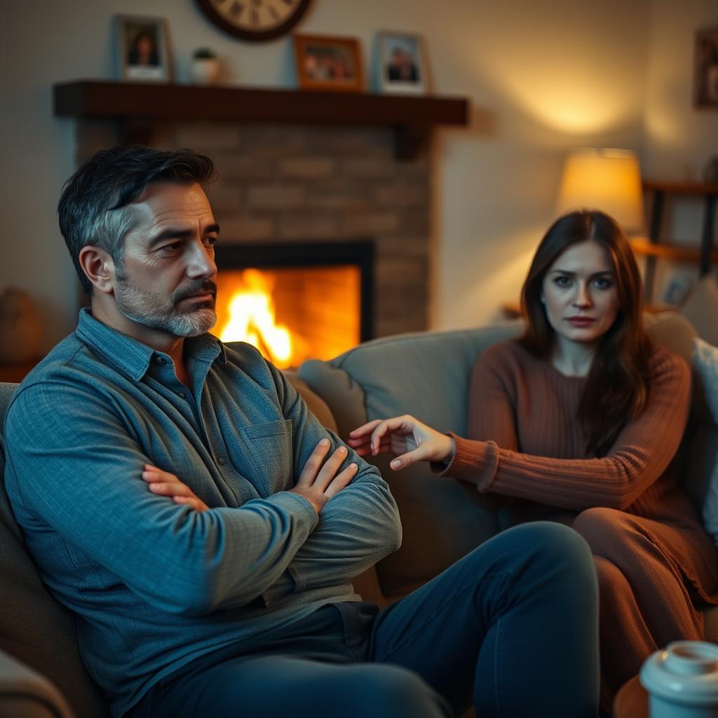 A thoughtful, evocative scene depicting a husband sitting quietly on the sofa in a softly lit living room, looking pensive and distant, while his wife sits nearby, concerned and reaching out to him with a gentle expression