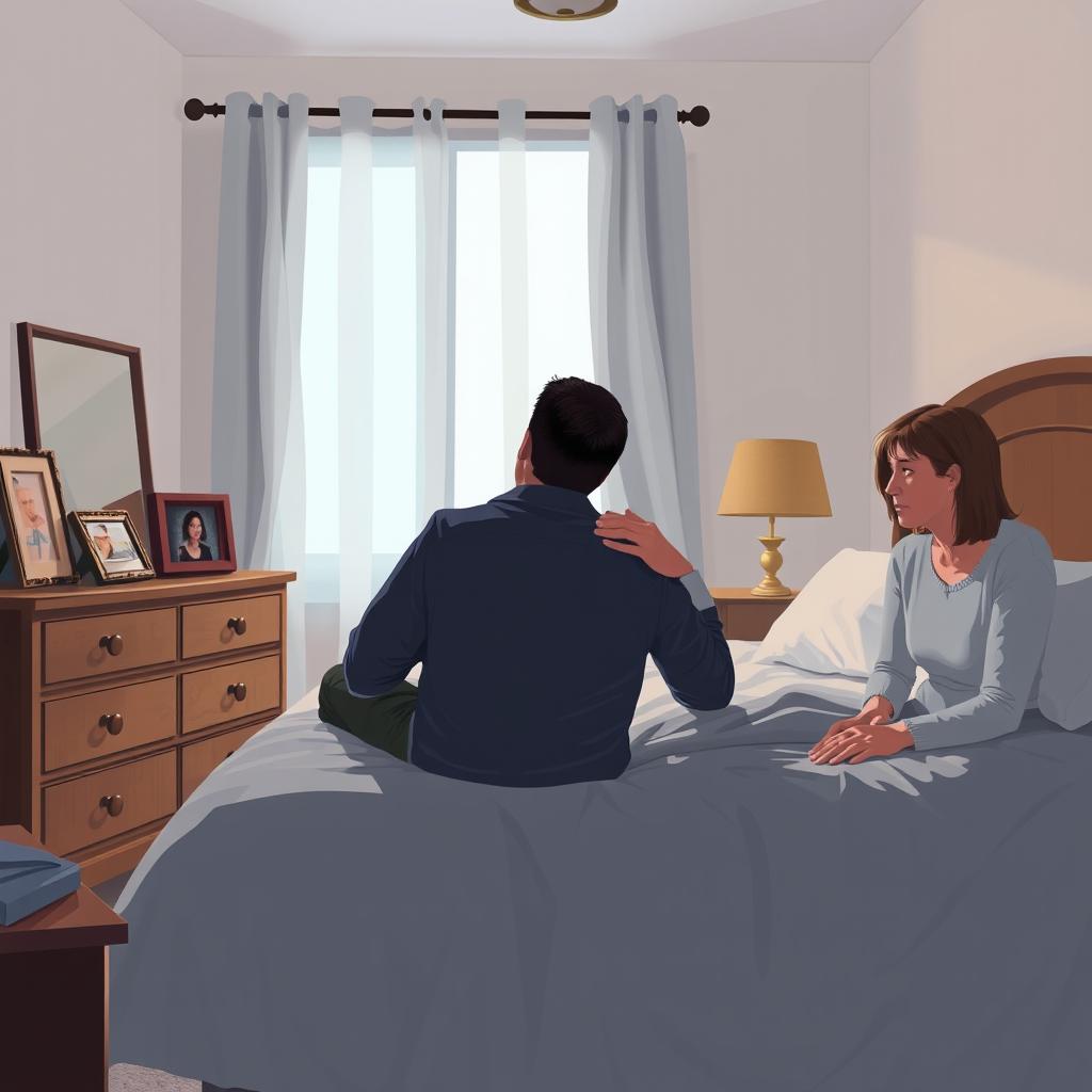 A poignant scene illustrating a husband sitting alone at the edge of a neatly made bed in a softly lit bedroom, staring out the window with a distant look in his eyes, while his wife sits beside him with a worried expression, her hand gently touching his shoulder in an attempt to connect