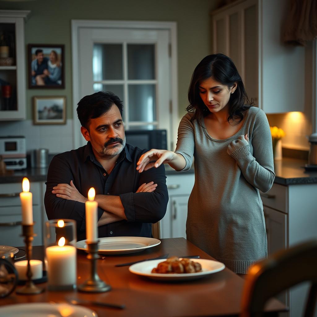 An intimate and emotional scene showing a husband sitting alone at a dining table, his gaze distant and lost in thought, while his wife stands nearby with a concerned expression, her hands clasped together