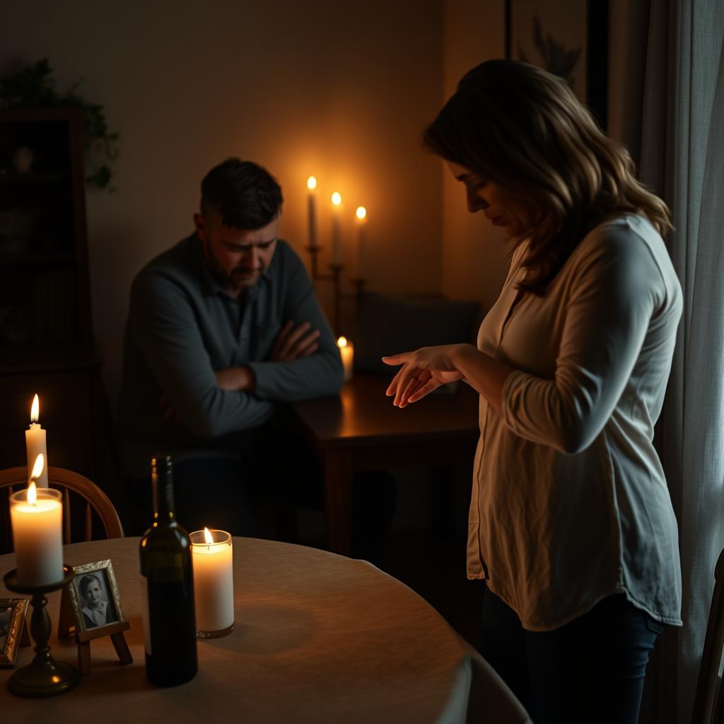 A deeply emotional scene showing a husband sitting alone at a small dining table in a dimly lit room, his eyes cast down and a distant look on his face