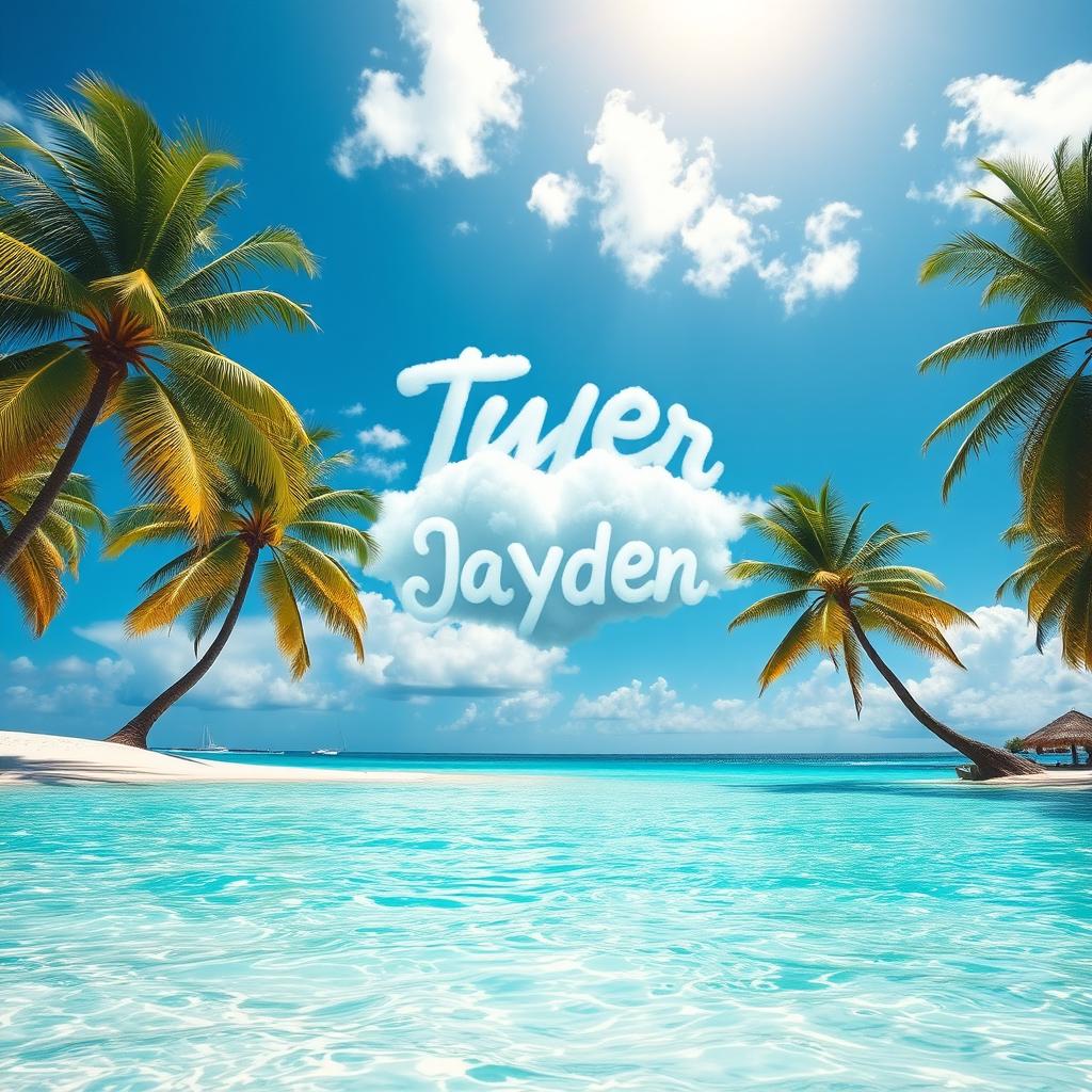 A stunning tropical paradise scene featuring a vibrant beach with crystal-clear turquoise waters, lush palm trees gently swaying in the breeze, and a bright blue sky decorated with fluffy white clouds