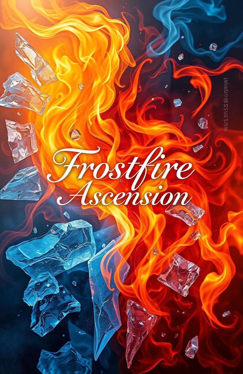 An artistic composition showcasing the contrasting elements of fire and ice, vividly depicted through swirling flames in shades of orange and red alongside glistening ice formations in hues of blue and white
