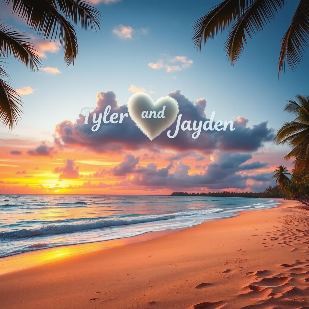 A breathtaking tropical paradise at sunset, showcasing a stunning beach with golden sands and calm, glistening waves