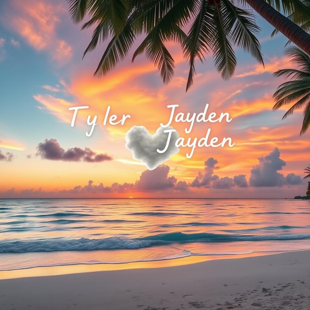A picturesque tropical paradise at sunset, showcasing a tranquil beach with soft, white sands and gentle waves lapping at the shore