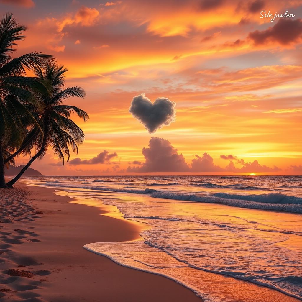 A romantic tropical paradise at sunset, featuring a captivating beach landscape with soft, golden sand and serene waves lapping at the shore