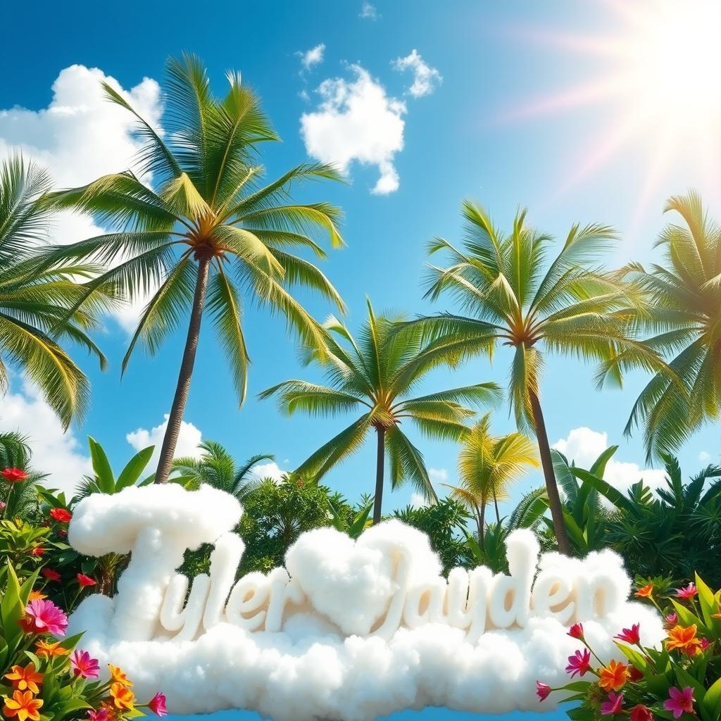 A serene tropical paradise featuring lush greenery and vibrant flowers, set against a stunning blue sky