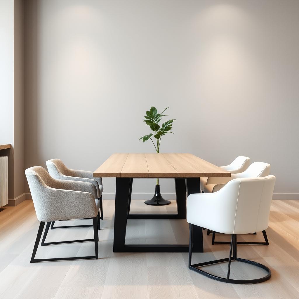 A modern dining room featuring the same sleek long dining table with a light wood top and an elegant black base