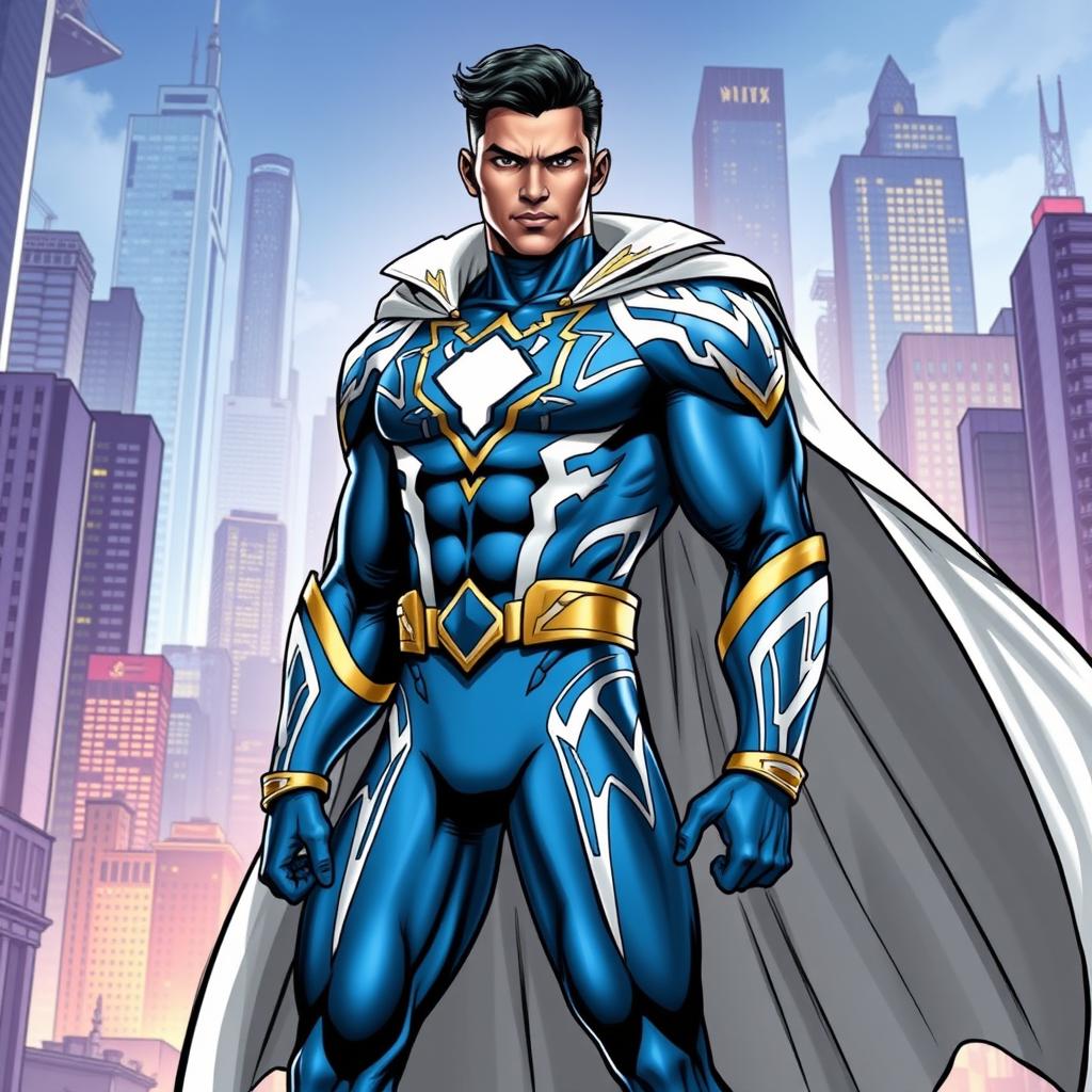 A Hispanic superhero named Limitless, wearing a striking blue and white costume with intricate designs