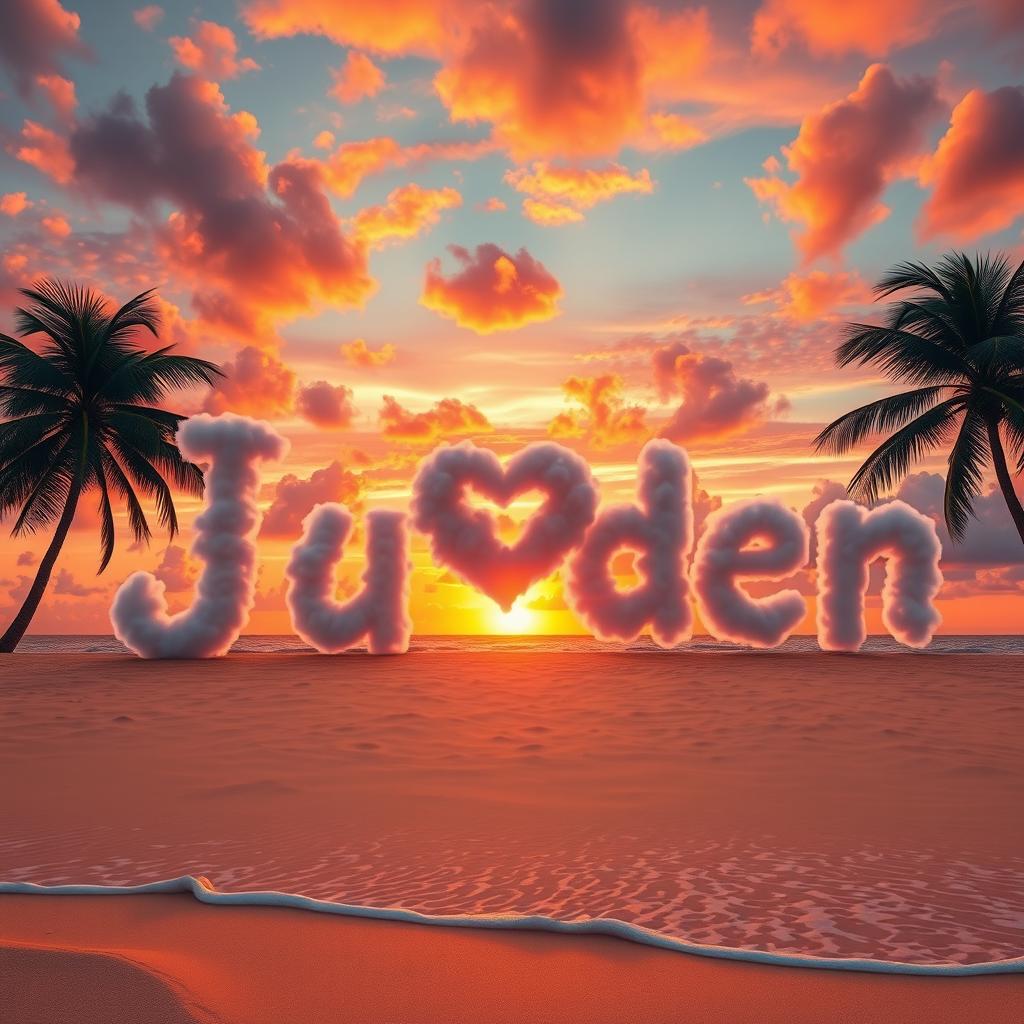 A serene tropical paradise at sunset, featuring a beautiful beach scene with soft golden sands and gentle waves