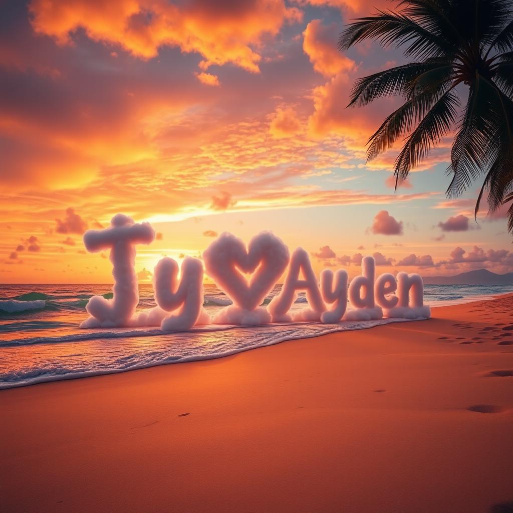 A breathtaking tropical paradise at sunset, featuring a stunning beach scene with soft golden sand and calm, gentle waves