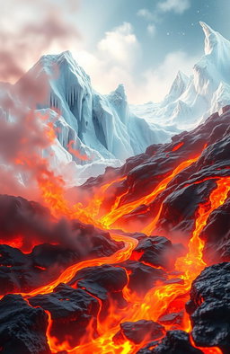A stunning visual representation of the theme 'Fire and Ice', featuring an enchanting landscape where molten lava flows and flames collide with glistening icicles and frost