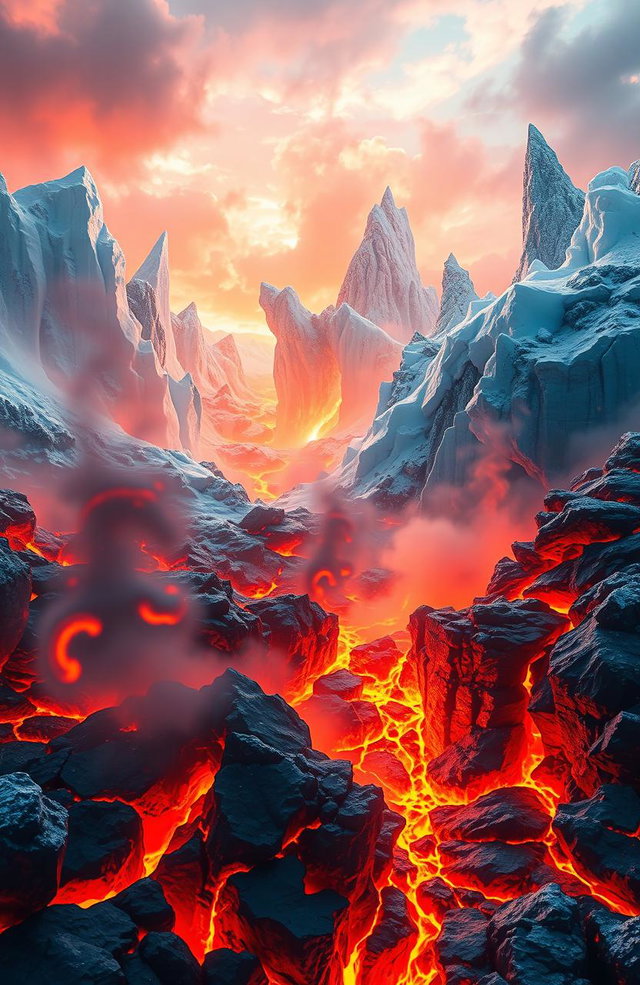 A stunning visual representation of the theme 'Fire and Ice', featuring an enchanting landscape where molten lava flows and flames collide with glistening icicles and frost