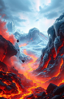 A stunning visual representation of the theme 'Fire and Ice', featuring an enchanting landscape where molten lava flows and flames collide with glistening icicles and frost