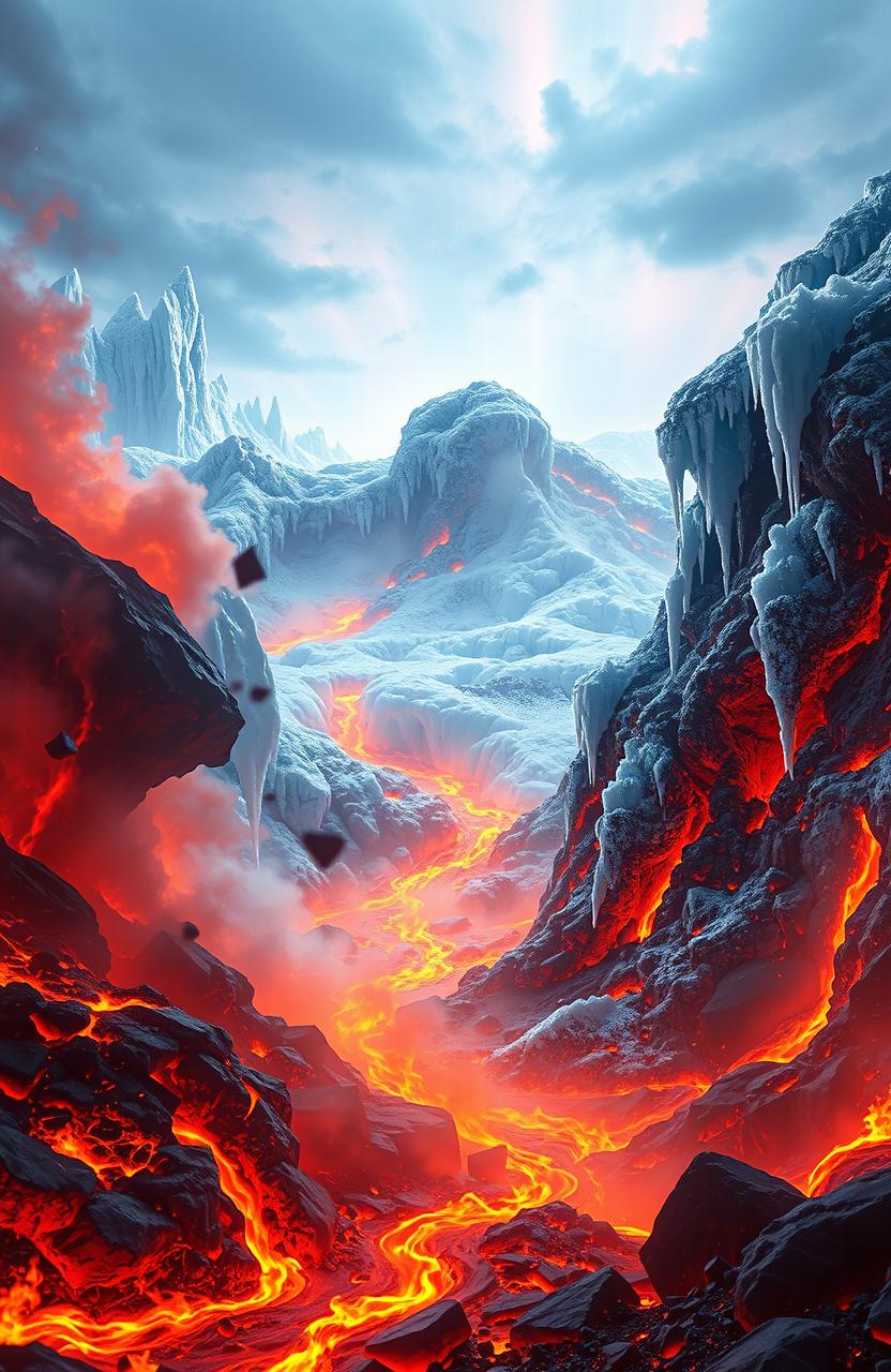 A stunning visual representation of the theme 'Fire and Ice', featuring an enchanting landscape where molten lava flows and flames collide with glistening icicles and frost