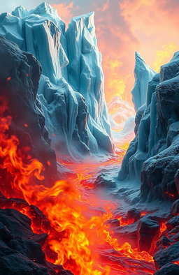 A stunning visual representation of the theme 'Fire and Ice', featuring an enchanting landscape where molten lava flows and flames collide with glistening icicles and frost