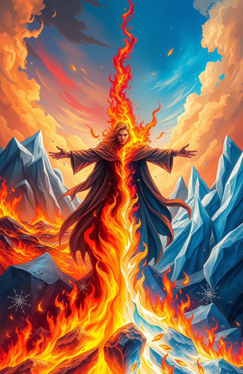 A captivating illustration showcasing the theme of Fire and Ice, featuring a dramatic landscape split down the middle