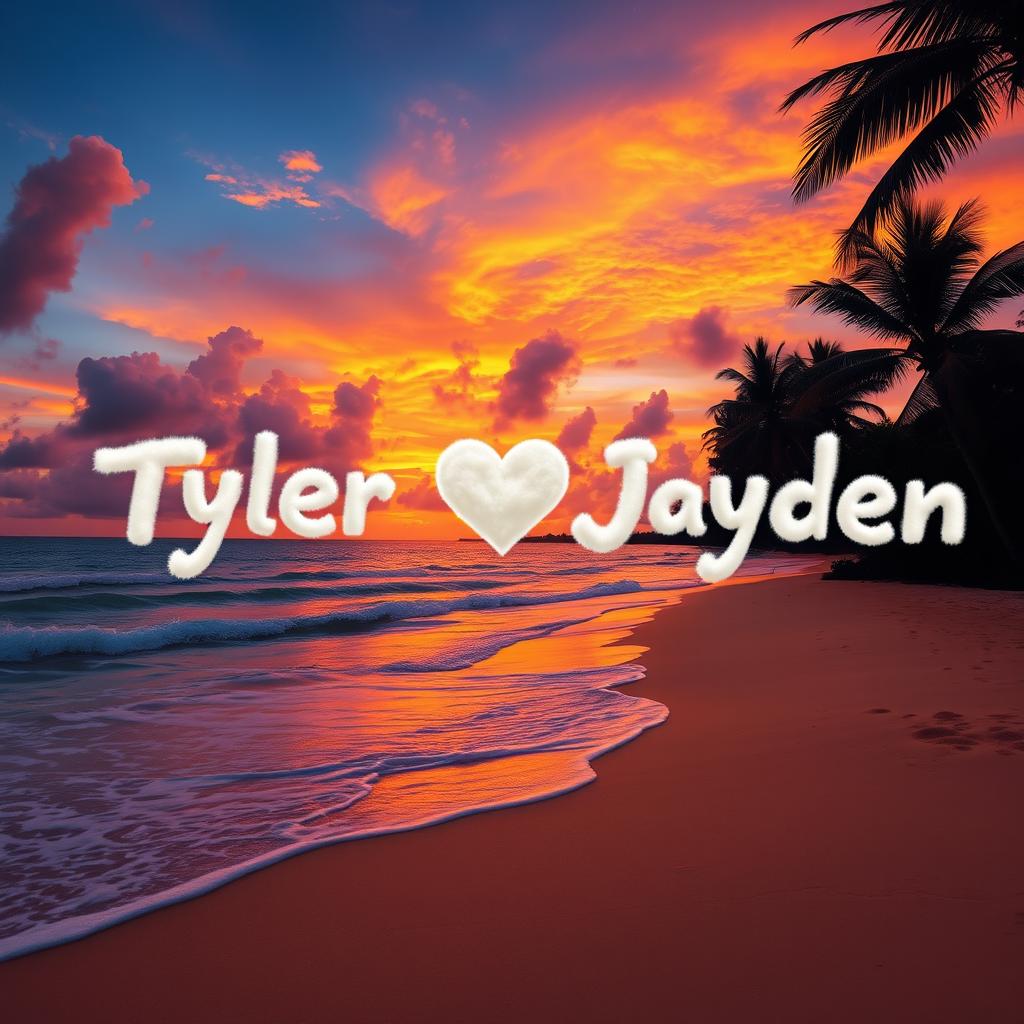 A stunning tropical paradise at sunset, featuring a picturesque beach with soft golden sands and gentle waves