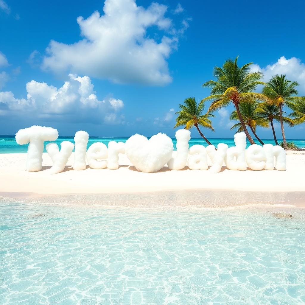 A beautiful tropical beach scene, featuring pristine white sands and crystal-clear waters gently lapping at the shore