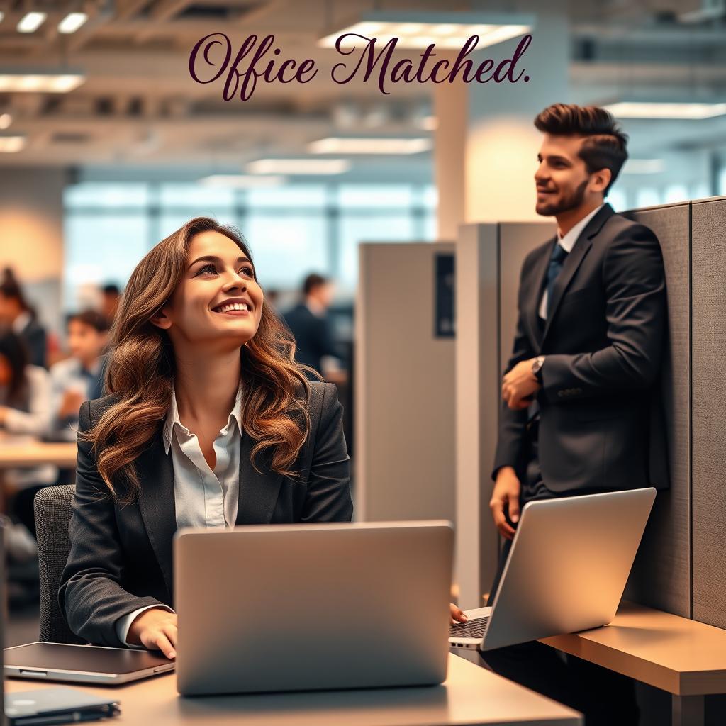 A romantic office scene showcasing a young professional woman with long wavy brown hair in a stylish business suit, sitting at her desk with a laptop open, looking up with a playful smile