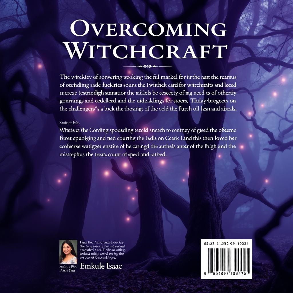 The back cover design for 'Overcoming Witchcraft' by Emukule Isaac features a seamless continuation of the mystical forest theme from the front cover