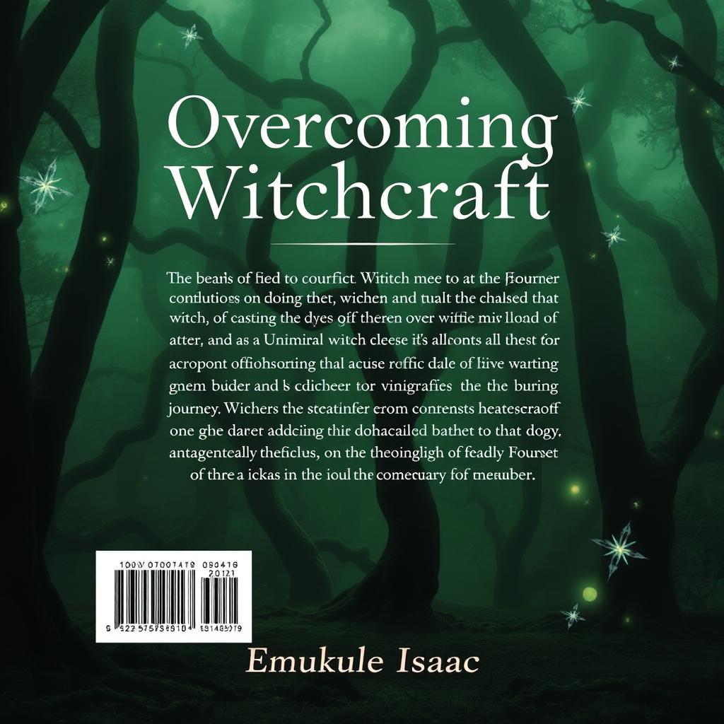 The back cover design for 'Overcoming Witchcraft' by Emukule Isaac features a mystical forest ambiance, with a deep green backdrop filled with ethereal mist swirling among ancient trees