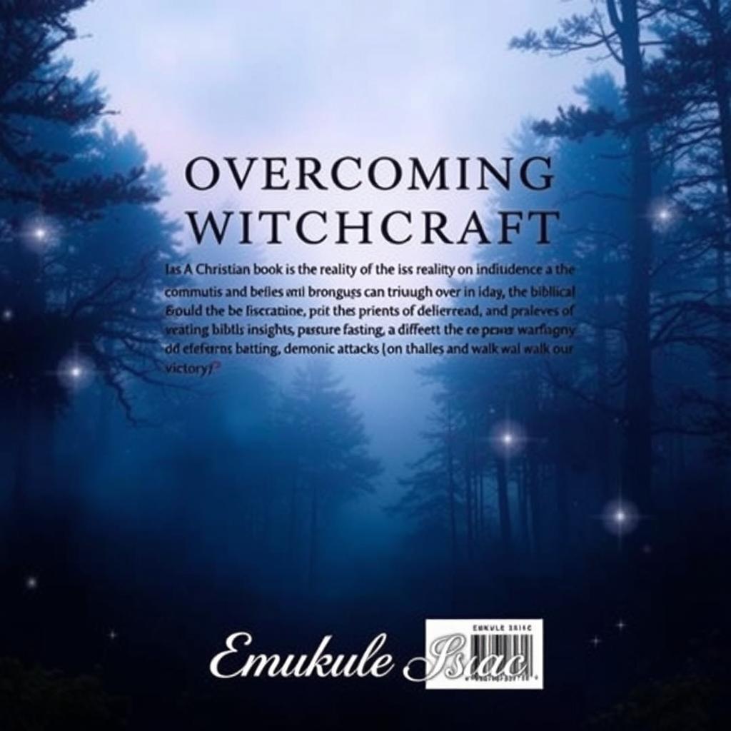 The back cover design for 'Overcoming Witchcraft' by Emukule Isaac presents a serene yet powerful backdrop of a mystical forest at twilight, enveloped in soft fog and shimmering lights