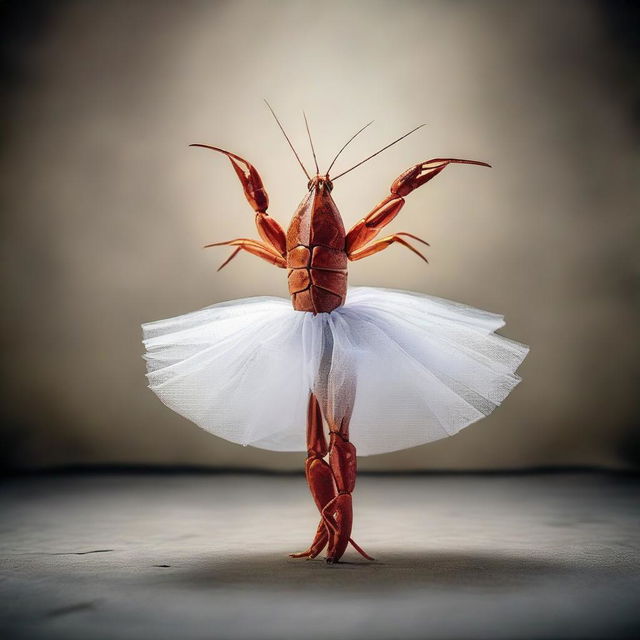 A crayfish styled as a ballerina striking a dramatic pose, in a setting that evokes a sense of history. The image is shot in the style of a captivating, dramatic photograph.