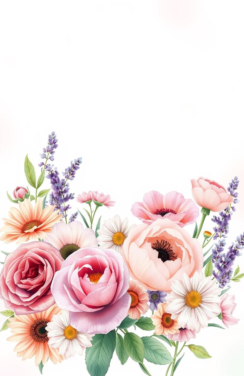 Aesthetic floral cover design featuring a variety of colorful flowers, including roses, daisies, peonies, and lavender arranged beautifully against a soft pastel background
