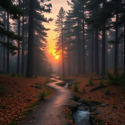 A serene forest landscape at sunrise, with mist gently rising from the ground
