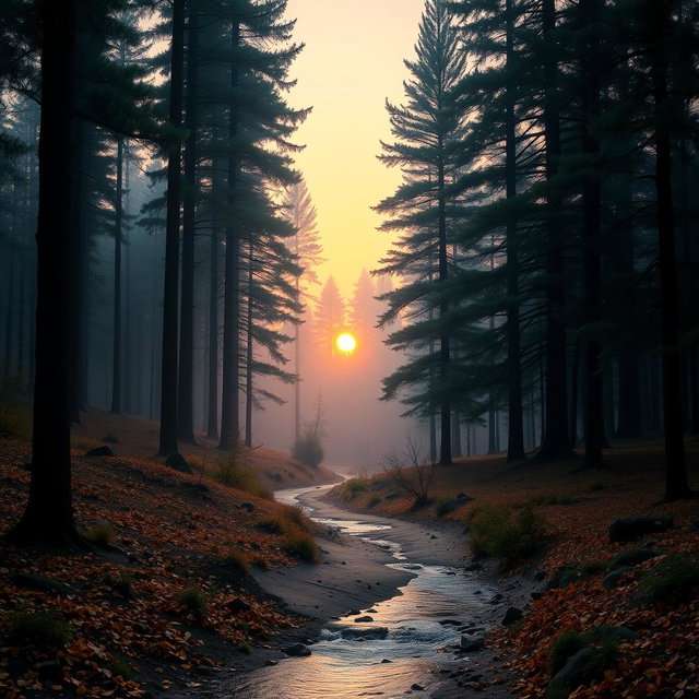 A serene forest landscape at sunrise, with mist gently rising from the ground