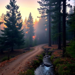 A serene forest landscape at sunrise, with mist gently rising from the ground