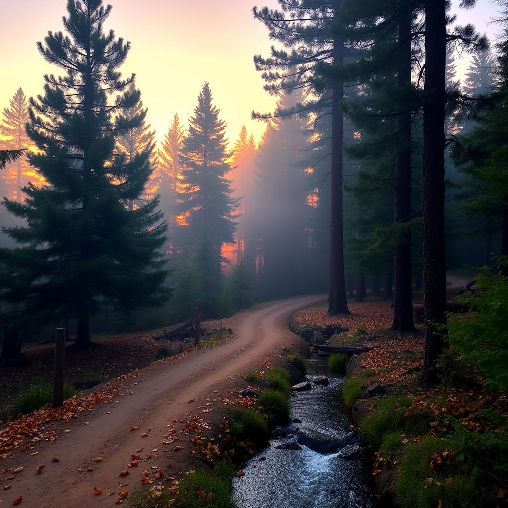 A serene forest landscape at sunrise, with mist gently rising from the ground
